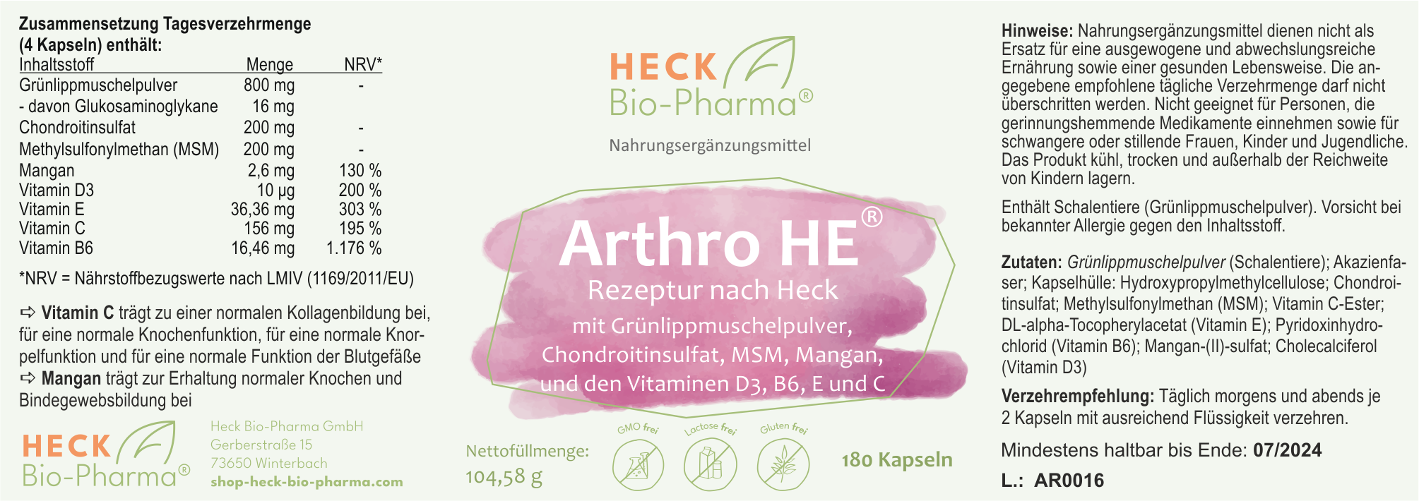 Arthro HE® - 180 Kapseln – Heck Bio-Pharma