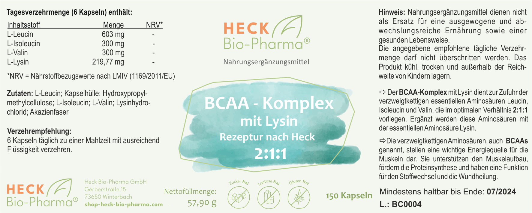 BCAA mit Lysin, 150 Kapseln