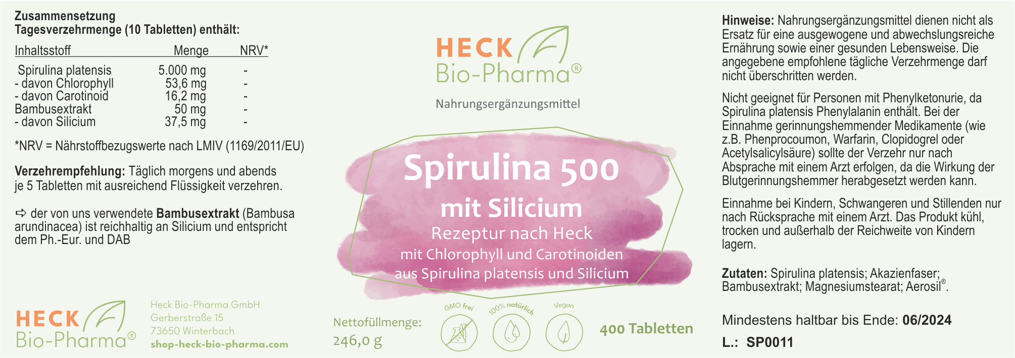 Spirulina 500 mit Silicium, 400 Tabletten Heck BioPharma